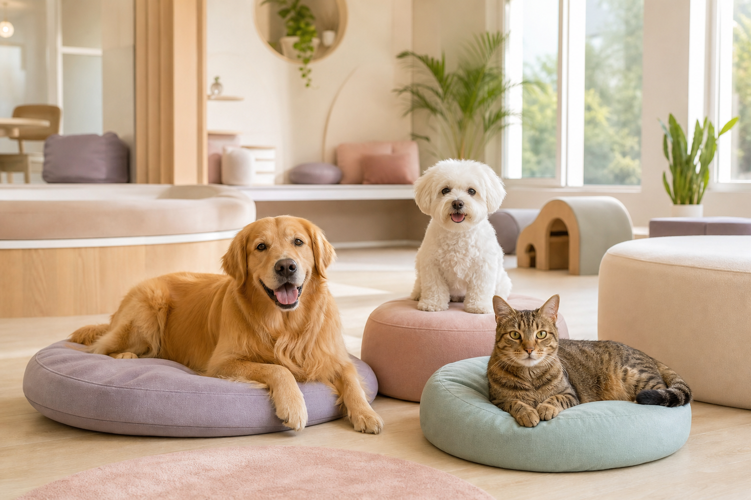 Dogs and a cat relaxing in a bright modern pet lounge