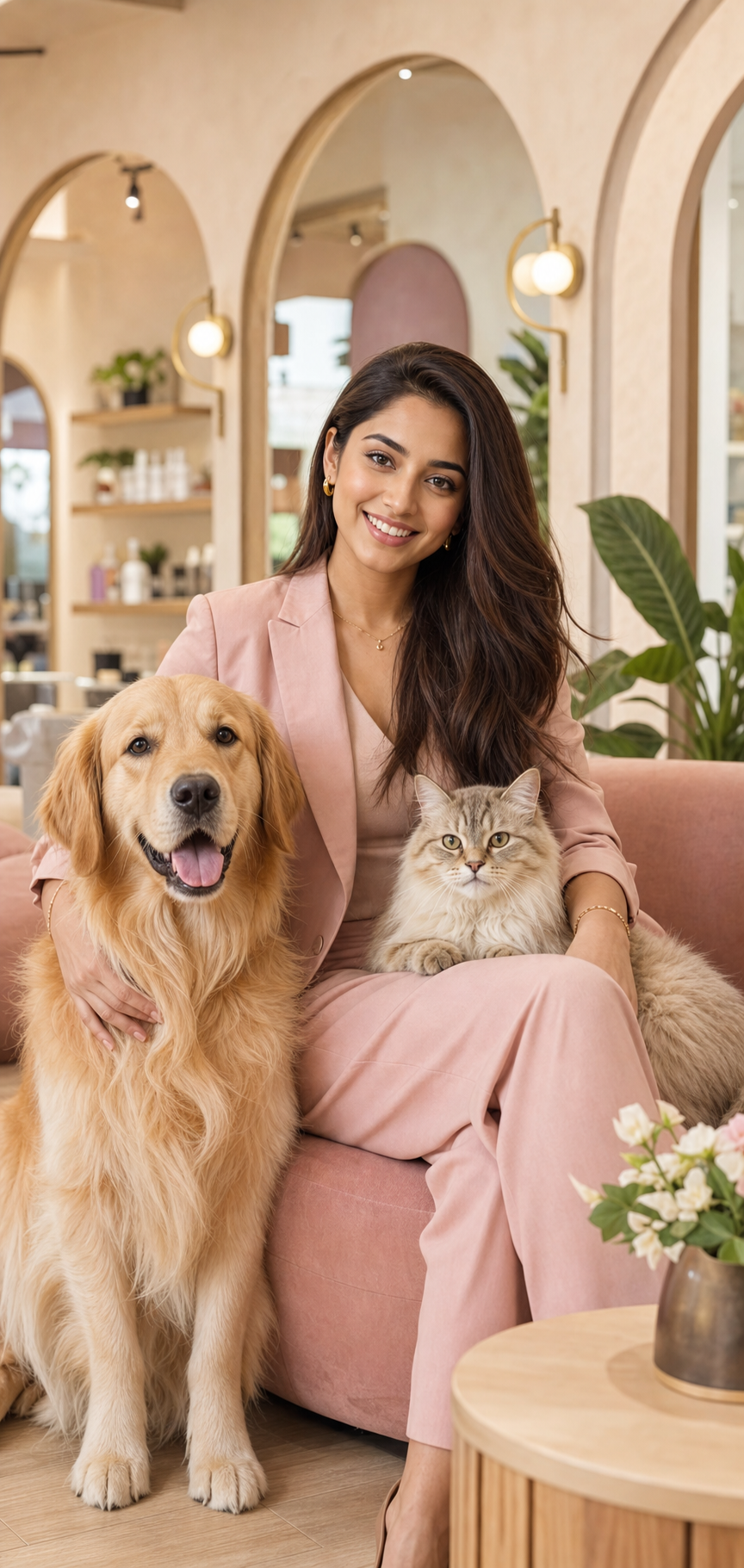 A stylish pet-care professional with a golden retriever and cat