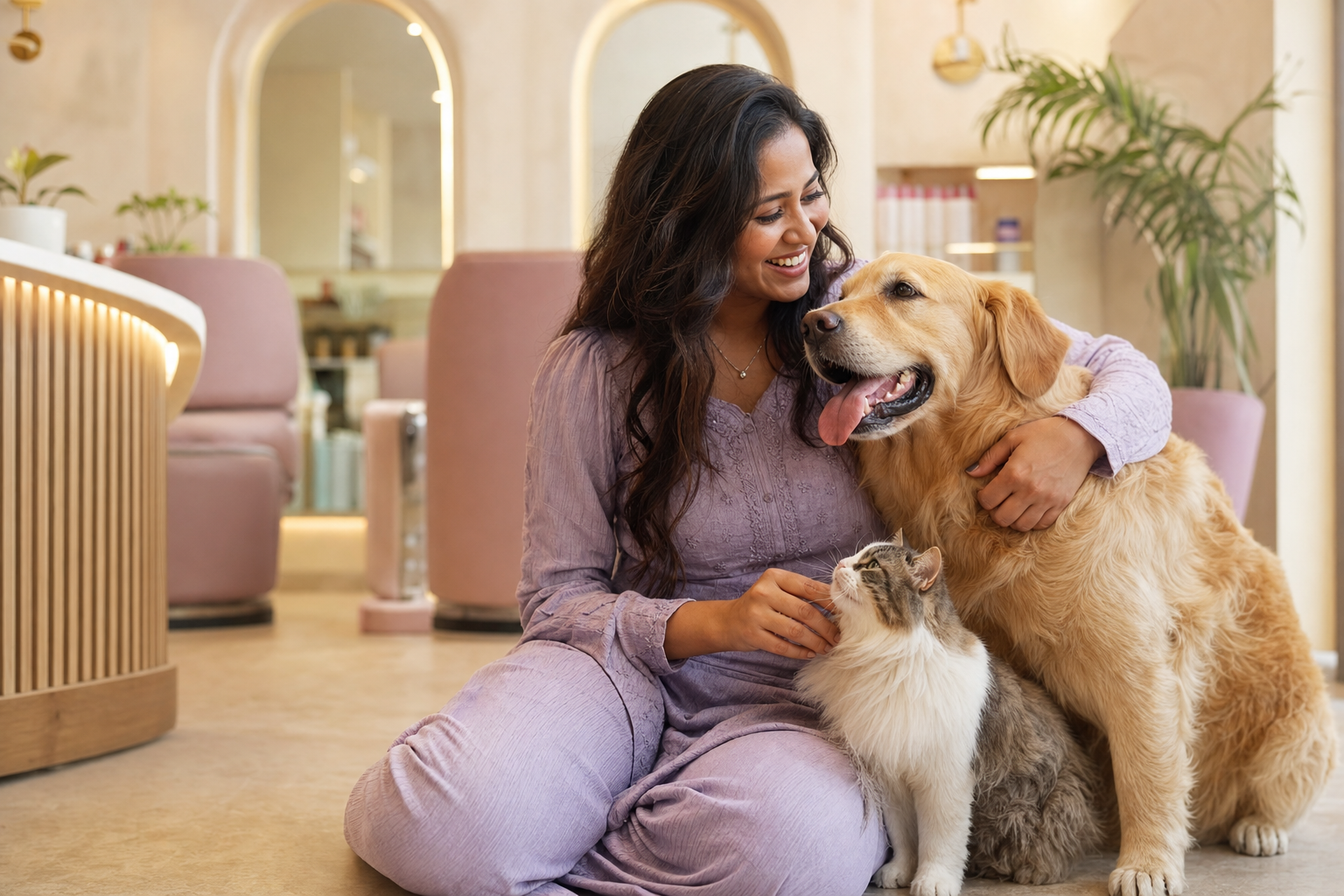 A pet-care professional sharing a warm moment with pets