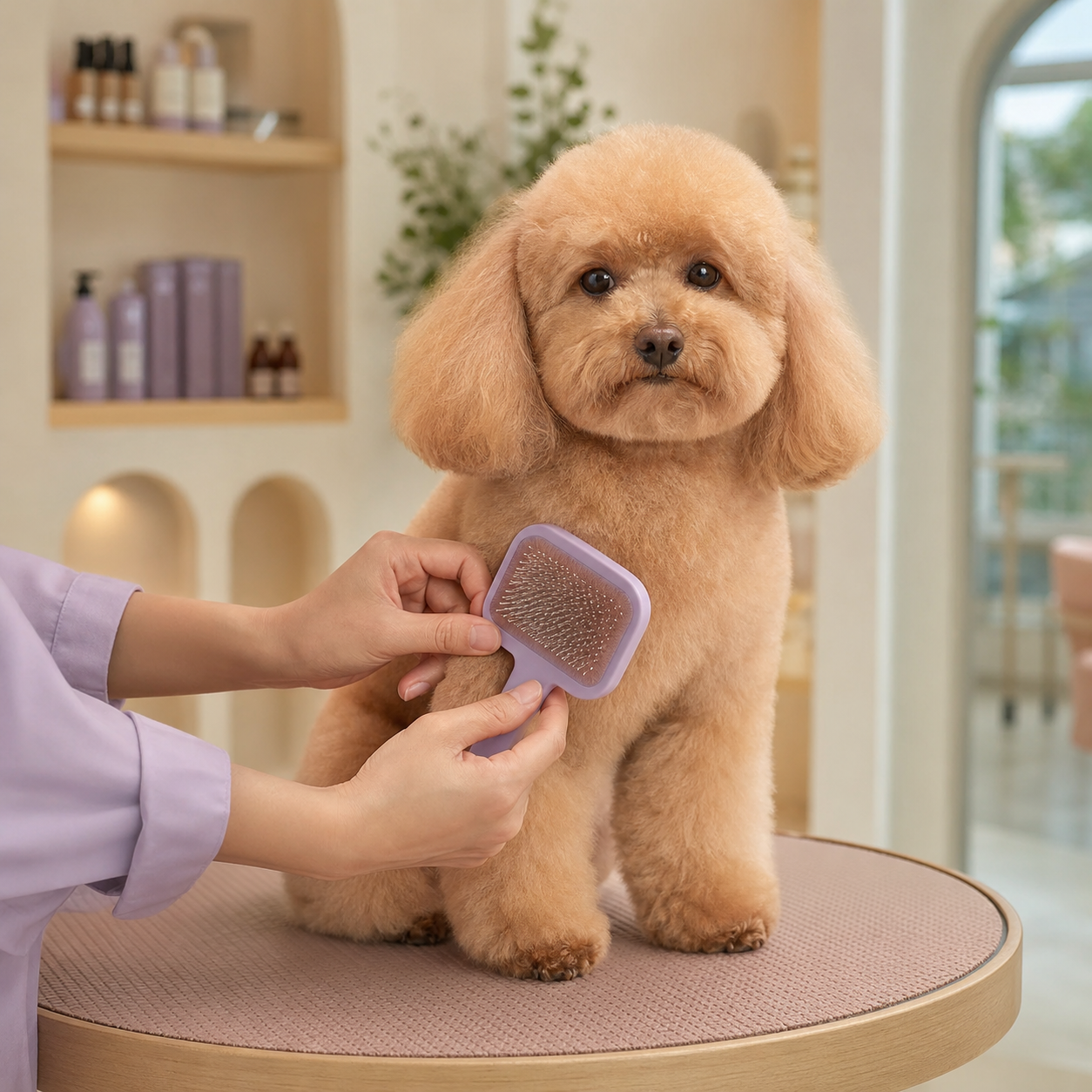 A calm poodle receiving gentle professional grooming